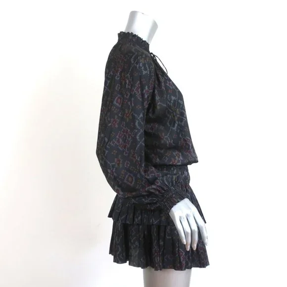 ULLA JOHNSON MINI DRESS PIERA CHARCOAL PRINTED PLEATED SATIN SIZE 2 LONG SLEEVE - Picture 3 of 8